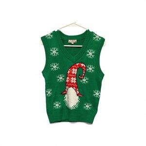 Poof! Green Christmas Gnome Design Sweater Vest Size Small